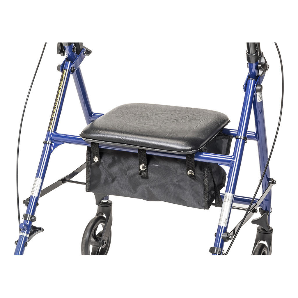 A close-up of the Drive Steel Patient Rollator w/ 6 Wheels by Drive, showing its sturdy folding frame, padded black seat, black storage pouch beneath, and part of its front wheels. Supports up to 300 lbs.