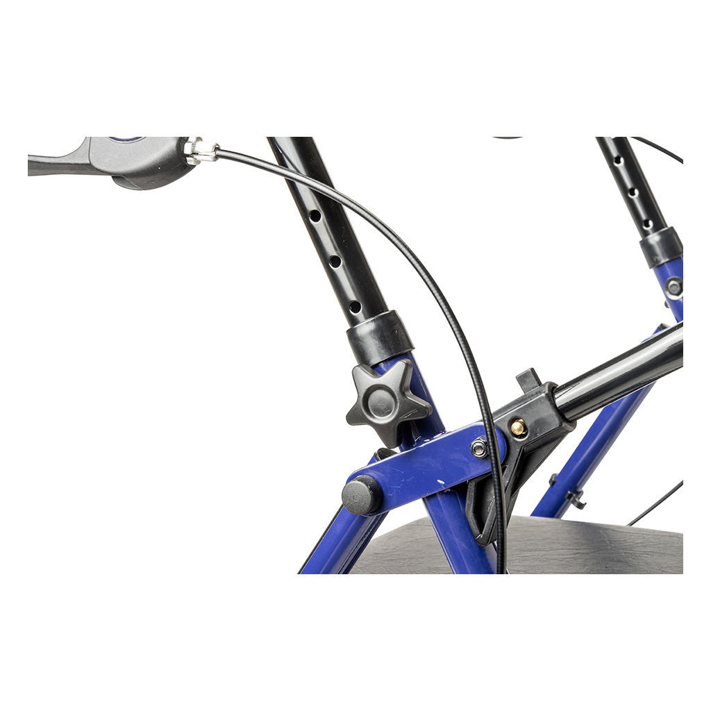 Close-up of an adjustable joint with a star-shaped knob and cable on the Drive Steel Patient Rollator with 6 wheels, 300 lb weight capacity, featuring a blue and black metal frame and padded seat.
