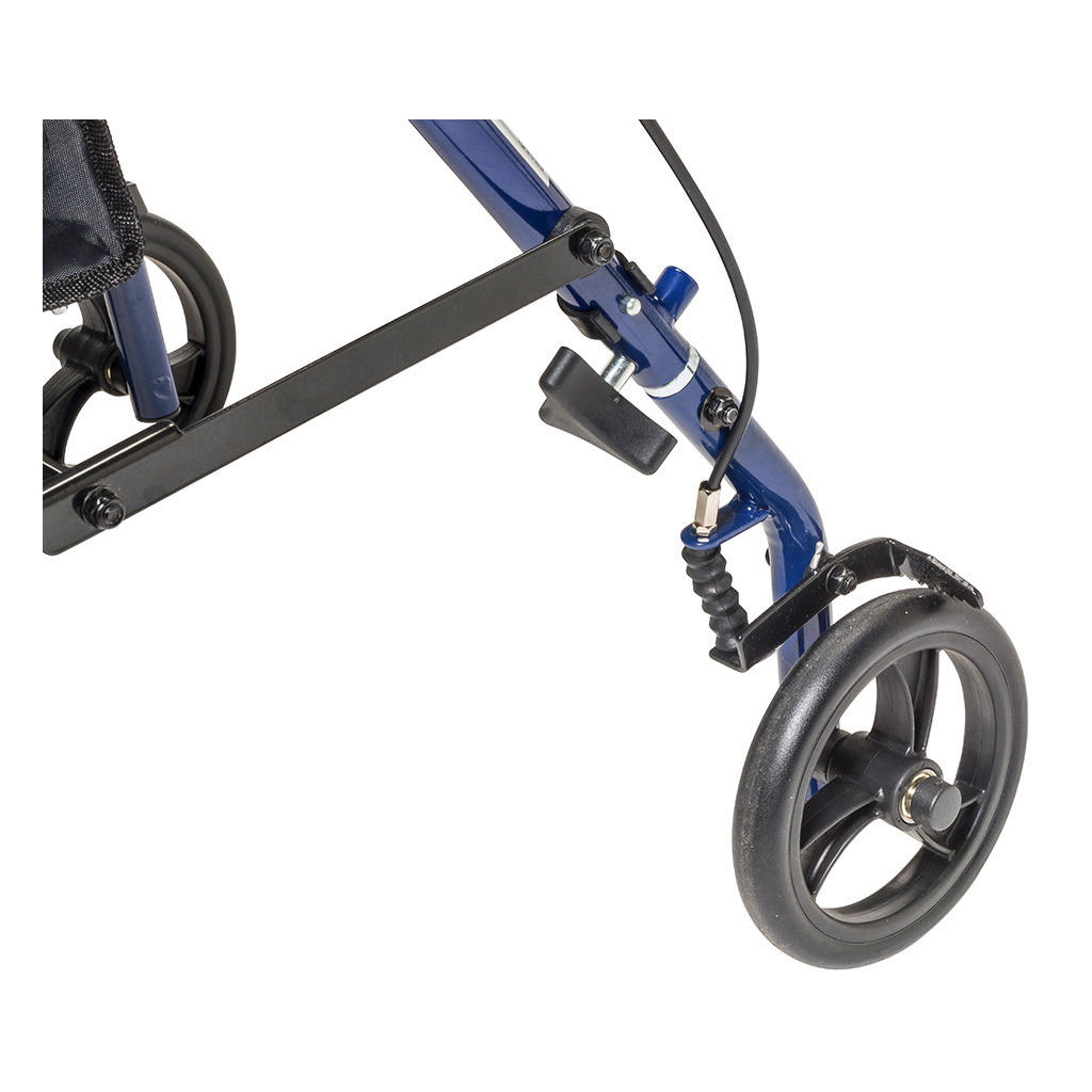 Close-up of the front wheel and brake mechanism on the Drive Steel Patient Rollator w/ 6 Wheels by Drive. The black wheel, metal axle, and brake cable highlight the sturdy build and 300 lb weight capacity of this mobility aid.