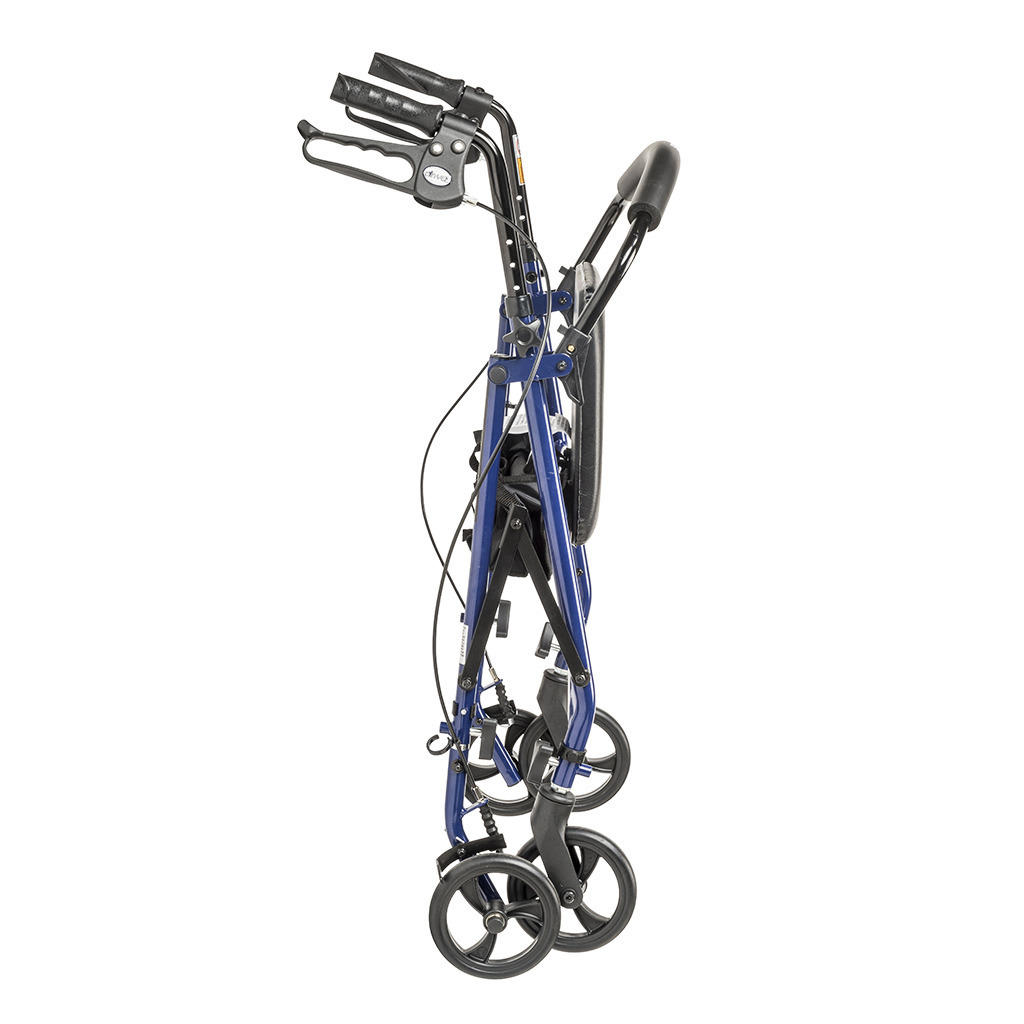 The Drive Steel Patient Rollator by Drive, shown from the side in its folded position, features blue steel construction, a padded seat, four 6 wheels, handlebars, hand brakes, and supports up to 300 lbs.