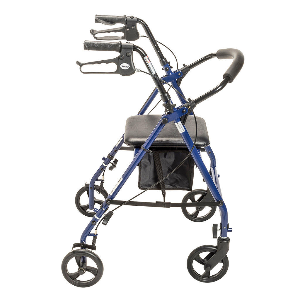 The Drive Steel Patient Rollator by Drive, shown on a white background, features 6 wheels, black hand grips with brakes, a padded seat, and a black storage pouch under the seat. It supports up to 300 lbs.
