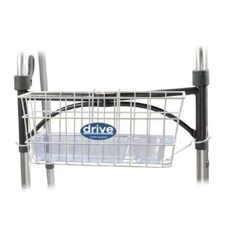 The Drive Walker Basket by Drive is a metal wire basket attached to a folding walker frame, with a transparent tray inside and the blue and white Drive logo displayed on the front.
