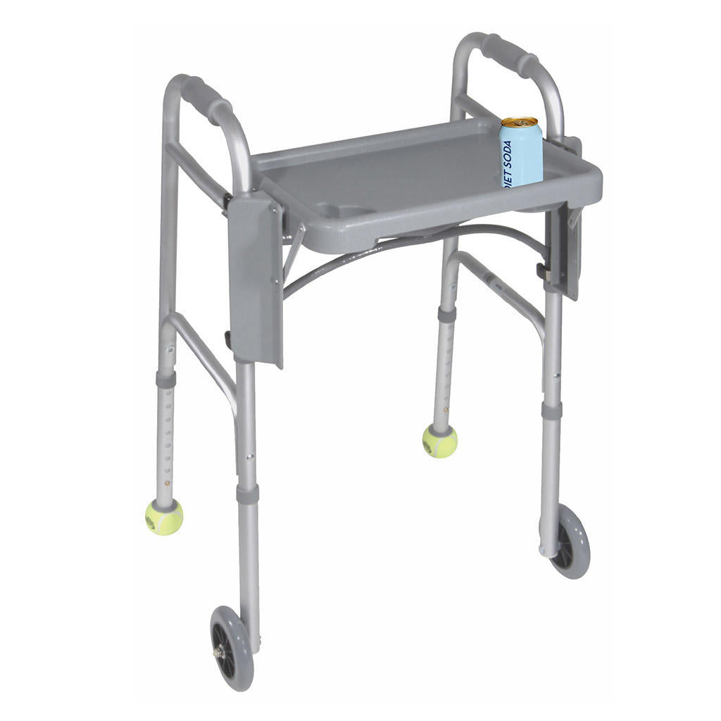 A gray walker with two front wheels, tennis ball glides on the back legs, and a Drive Walker Tray by Drive on top holding a can.
