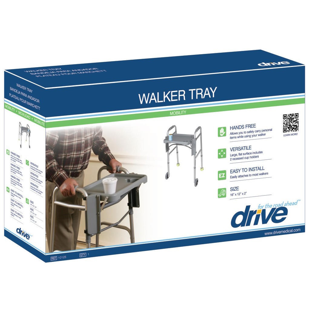 Drive Walker Tray box by Drive, mainly white and blue, shows product images, hands-free use, built-in cup holder feature, and a photo of someone placing a cup on the tray attached to a folding walker.