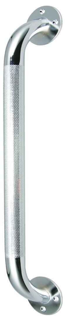 The Drive Wall Grab Bar features a knurled chrome finish for a no-slip grip, smooth rounded ends, and is mounted on circular plates with screws.