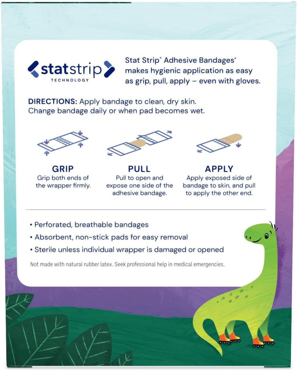 Dukal Herbie the Dino Stat Strip Adhesive Bandages, Sterile, 3/4 In x 3 In - 15601-Box - LL Medico