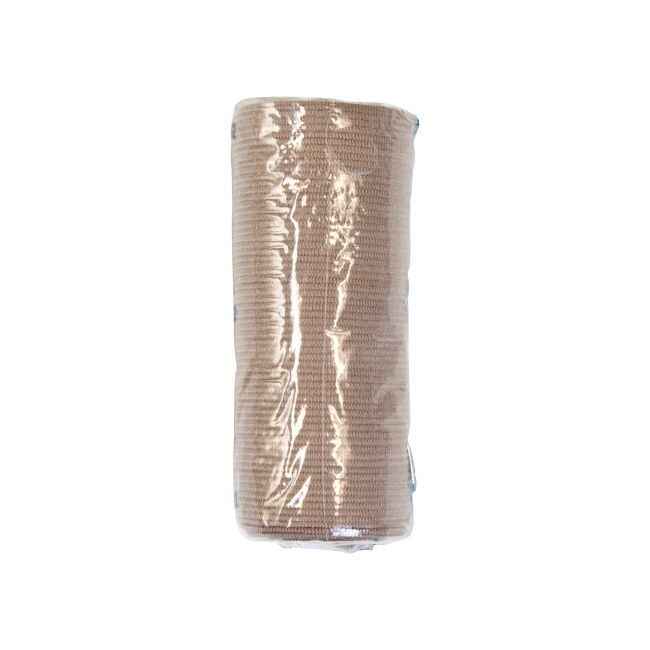 A Dynarex Elastic Bandage, 4 in x 5 yd roll, non-sterile, with clip detached closure is shown rolled in clear plastic packaging against a plain white background.
