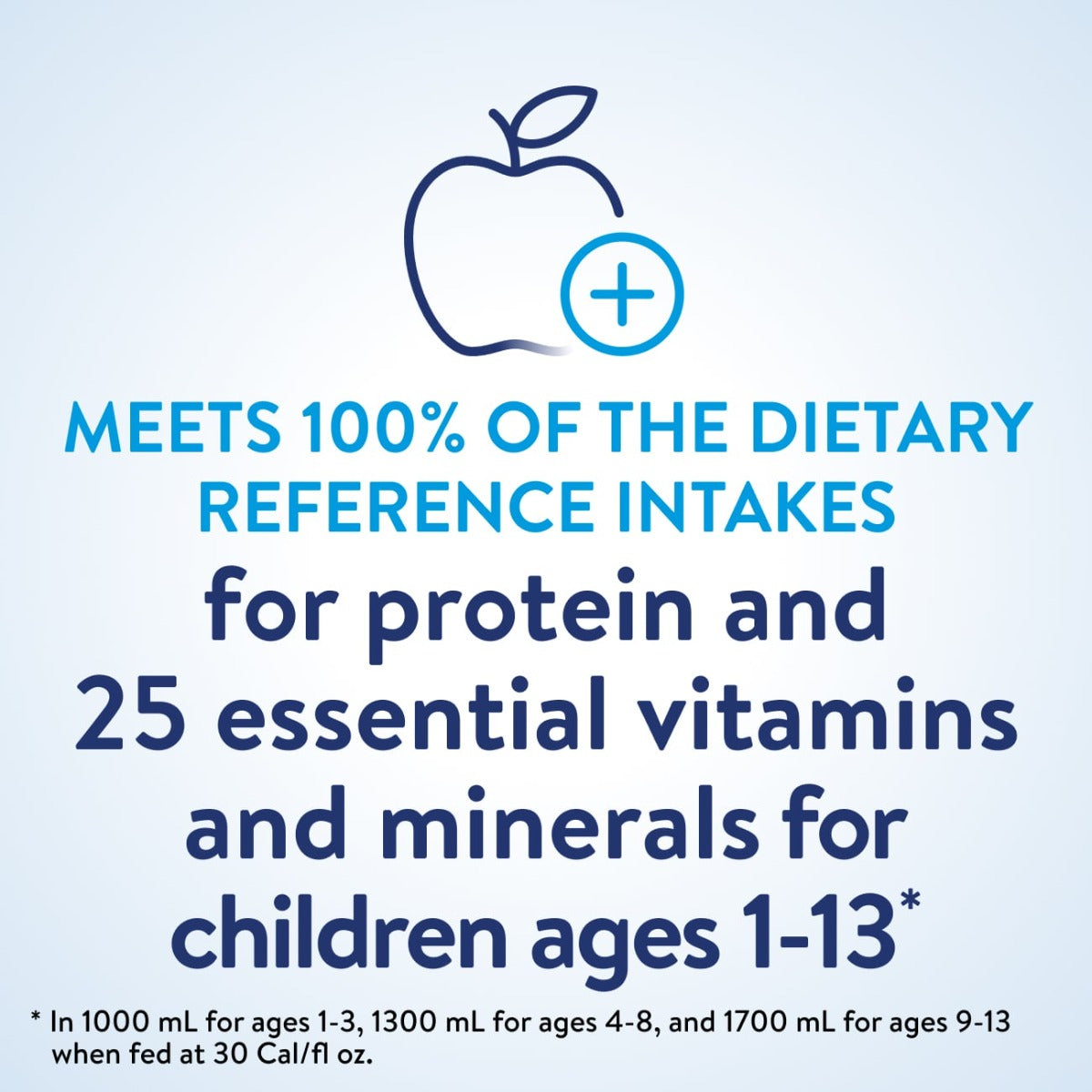 Blue and white graphic with apple icon: EleCare Jr Amino Acid-Based Nutrition Powder, Vanilla, 14.1 oz Can by EleCare meets 100% of protein and 25 key nutrients for kids ages 1-13. Perfect for those needing amino acid-based nutrition or with severe food allergies.