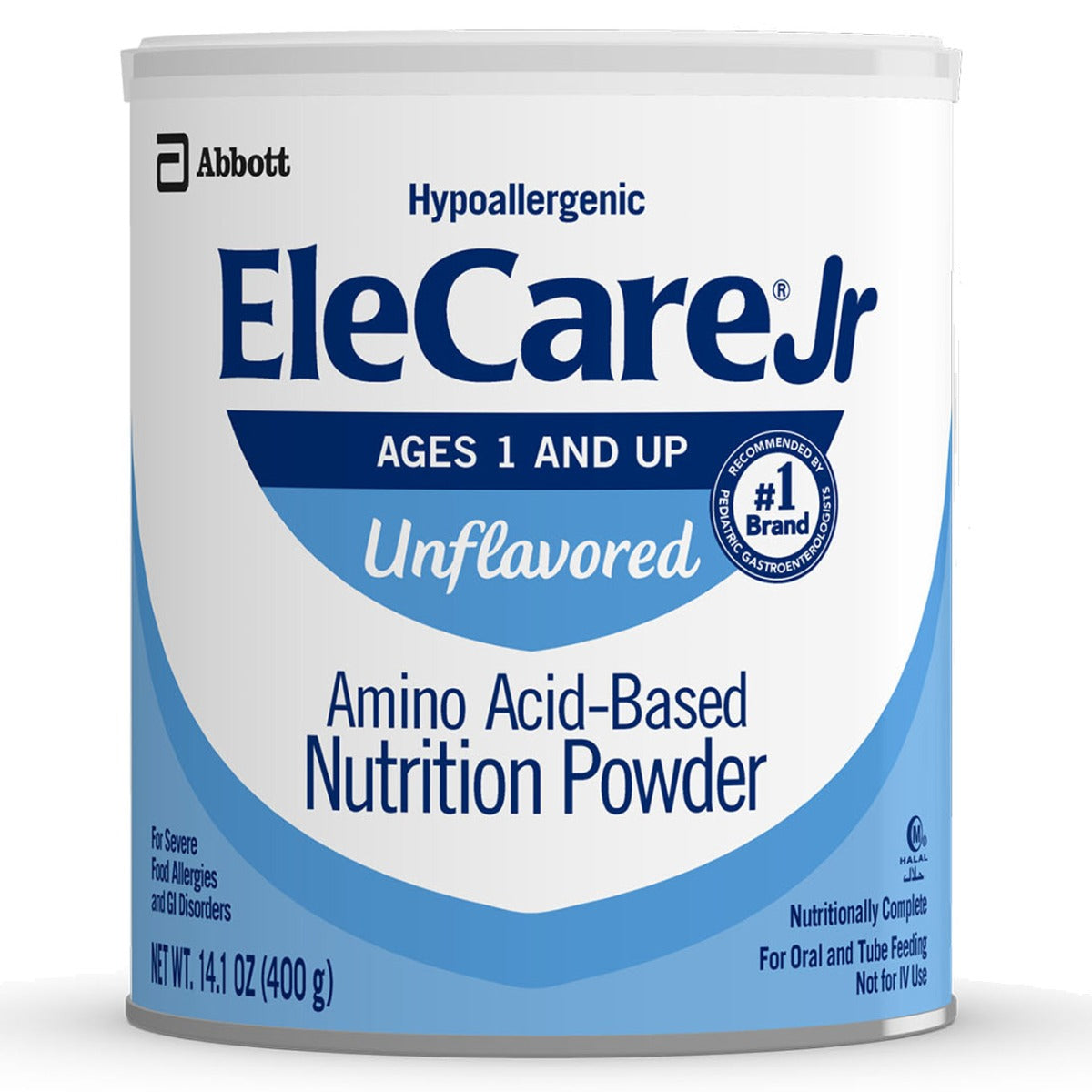 EleCare Jr Amino Acid-Based Nutrition Powder, Unflavored, 14.1 oz can, provides hypoallergenic, nutritionally complete amino acid-based nutrition for ages 1+ with severe food allergies. Blue and white label. Brand: EleCare.
