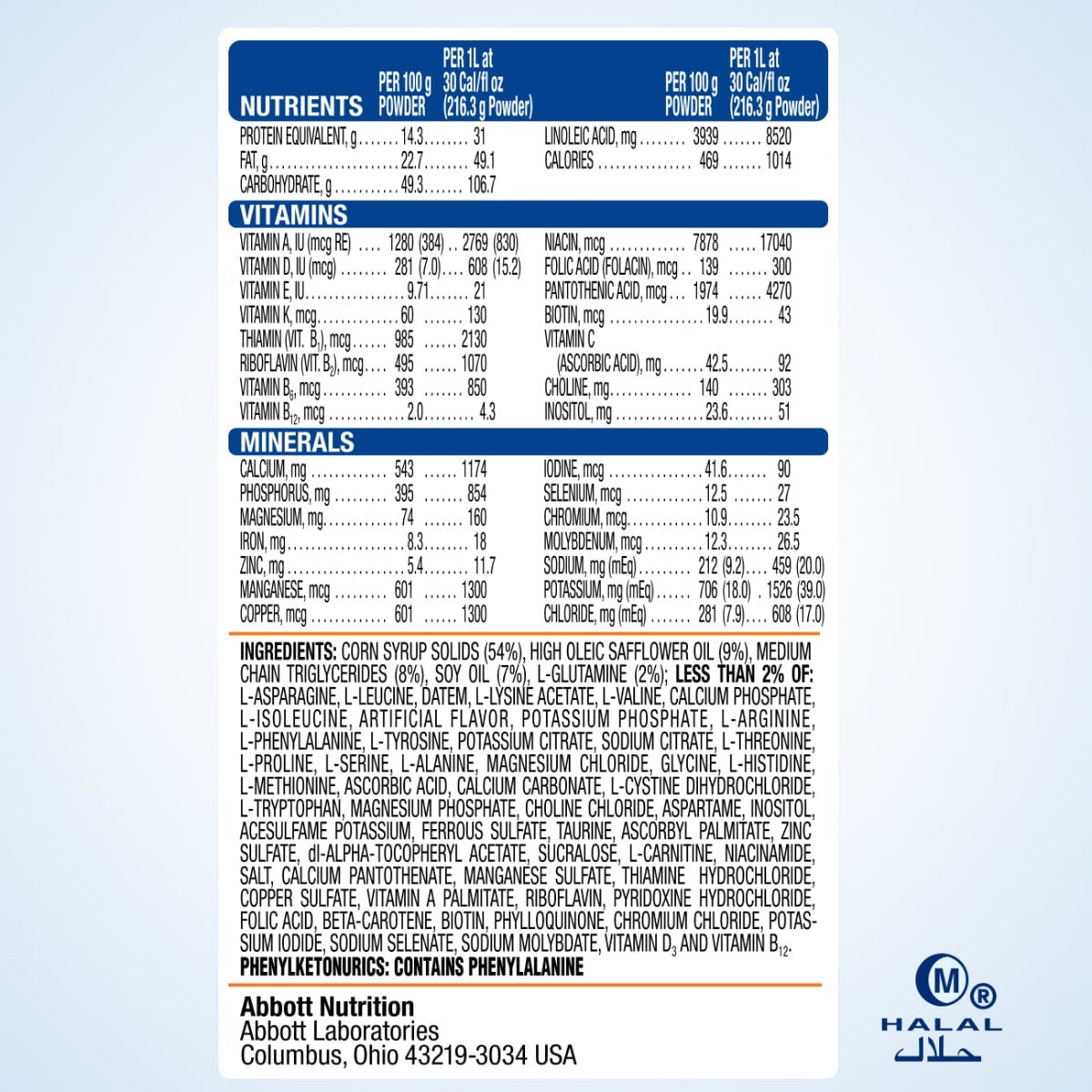 EleCare Jr Amino Acid-Based Nutrition Powder, Vanilla (14.1 oz, by EleCare): nutrition label lists nutrients per 100g powder, 100mL liquid, and 100kcal. Contains ingredients, manufacturer info, Halal certified—suitable for severe food allergies.