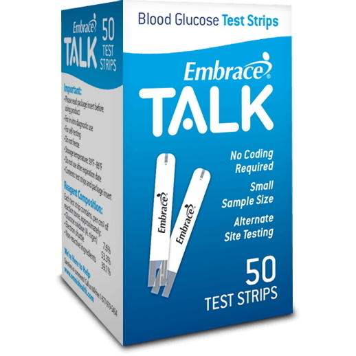 A blue and white box of Omnis Health EmbraceTALK Blood Glucose Test Strips, 50 count, for diabetes management. The box highlights No Coding Required, Small Sample Size, and shows two test strips on the front.