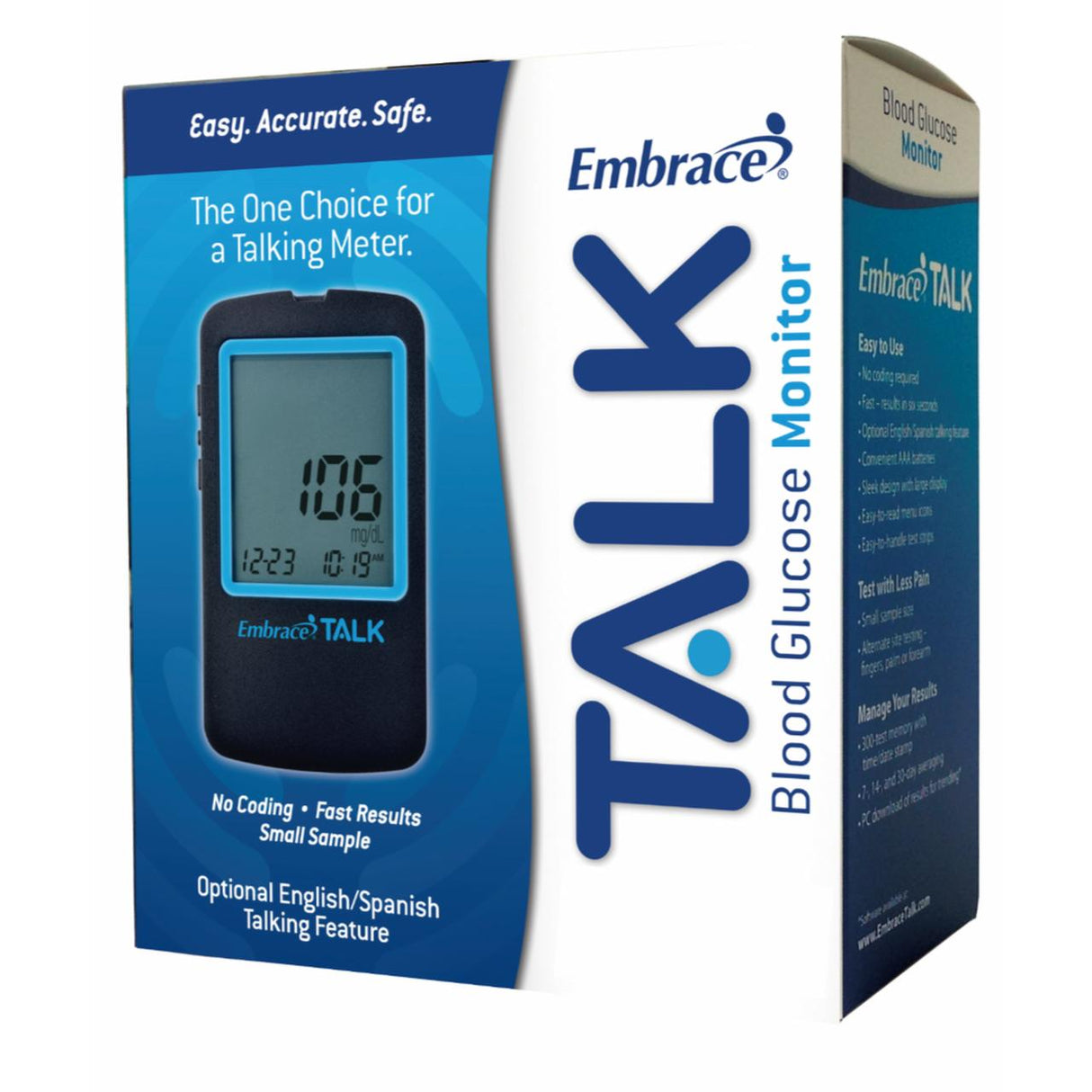 The Omnis Health EmbraceTALK No Code Talking Blood Glucose Meter comes in a blue and white box, showing its digital display and promoting features like fast testing, talking function, and English/Spanish language options.