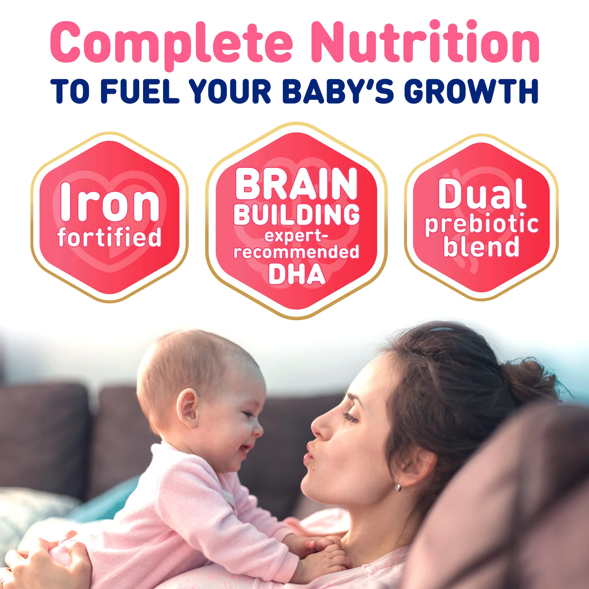 A mother lies on a couch holding her smiling baby. Text highlights Enfamil A.R. Infant Formula with Added Rice, Ready to Use (2 oz), featuring expert-recommended DHA and dual prebiotics for complete infant nutrition.