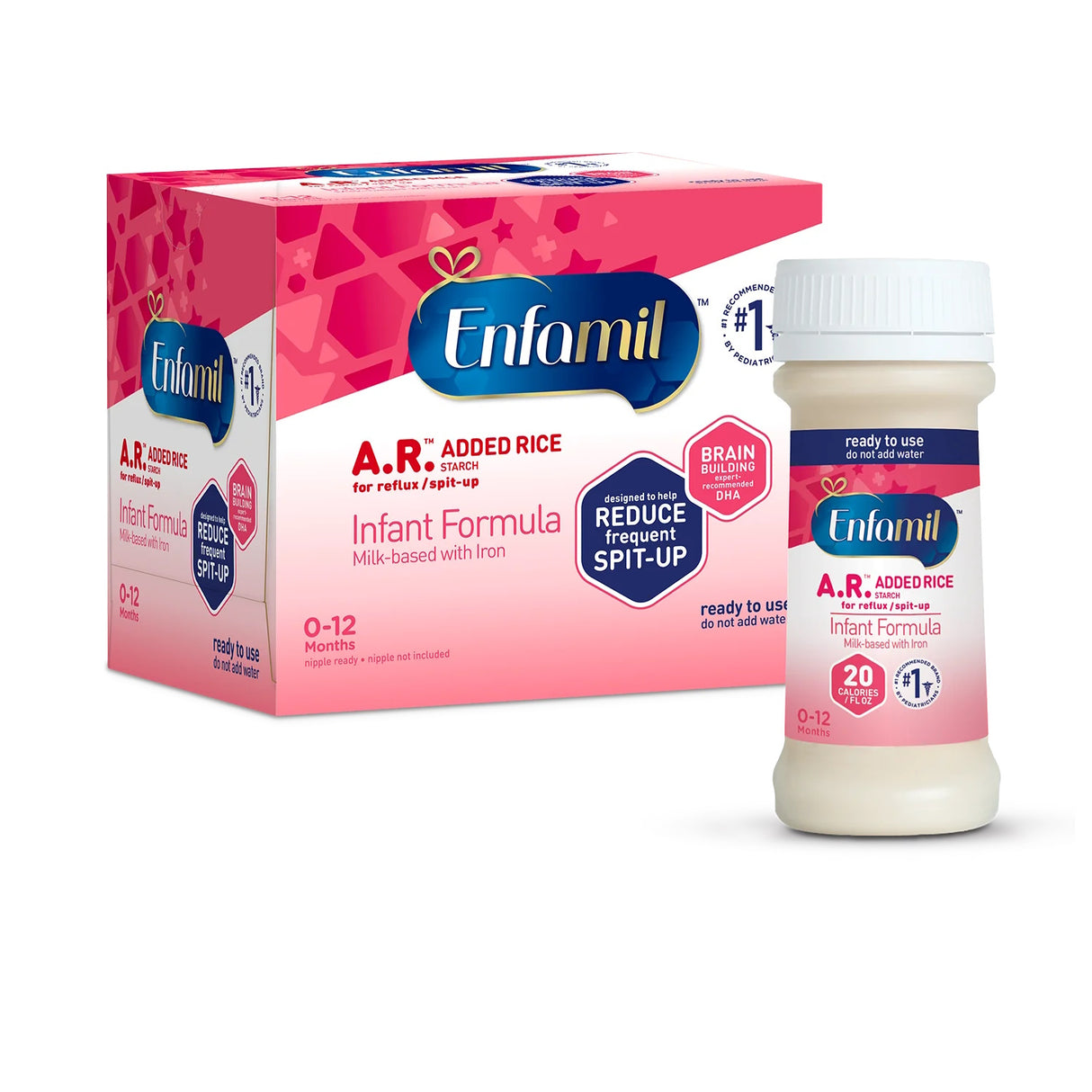 Enfamil A.R. Infant Formula with Added Rice, Ready to Use, 2 oz Bottle is designed by Enfamil for infants 0-12 months to help reduce frequent spit-up. It comes in a compact, convenient bottle ready for feeding.