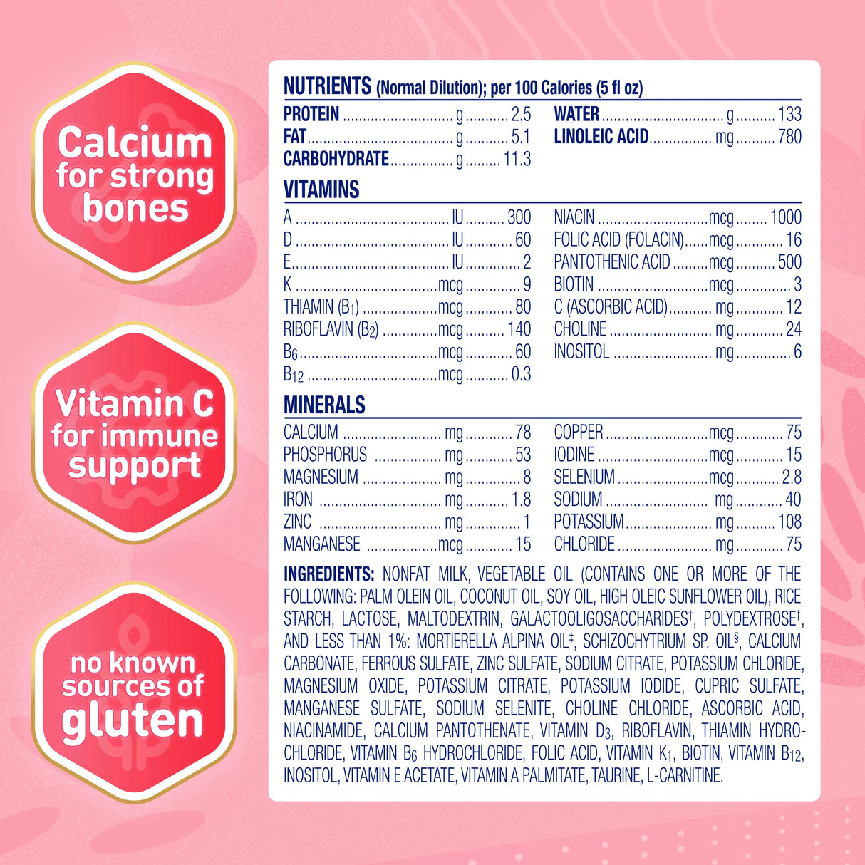 Enfamil A.R. Infant Formula with Added Rice, Ready to Use (2 oz, Enfamil) highlights calcium for strong bones, vitamin C for immune support, is gluten-free, and features a detailed list of vitamins, minerals, and ingredients.