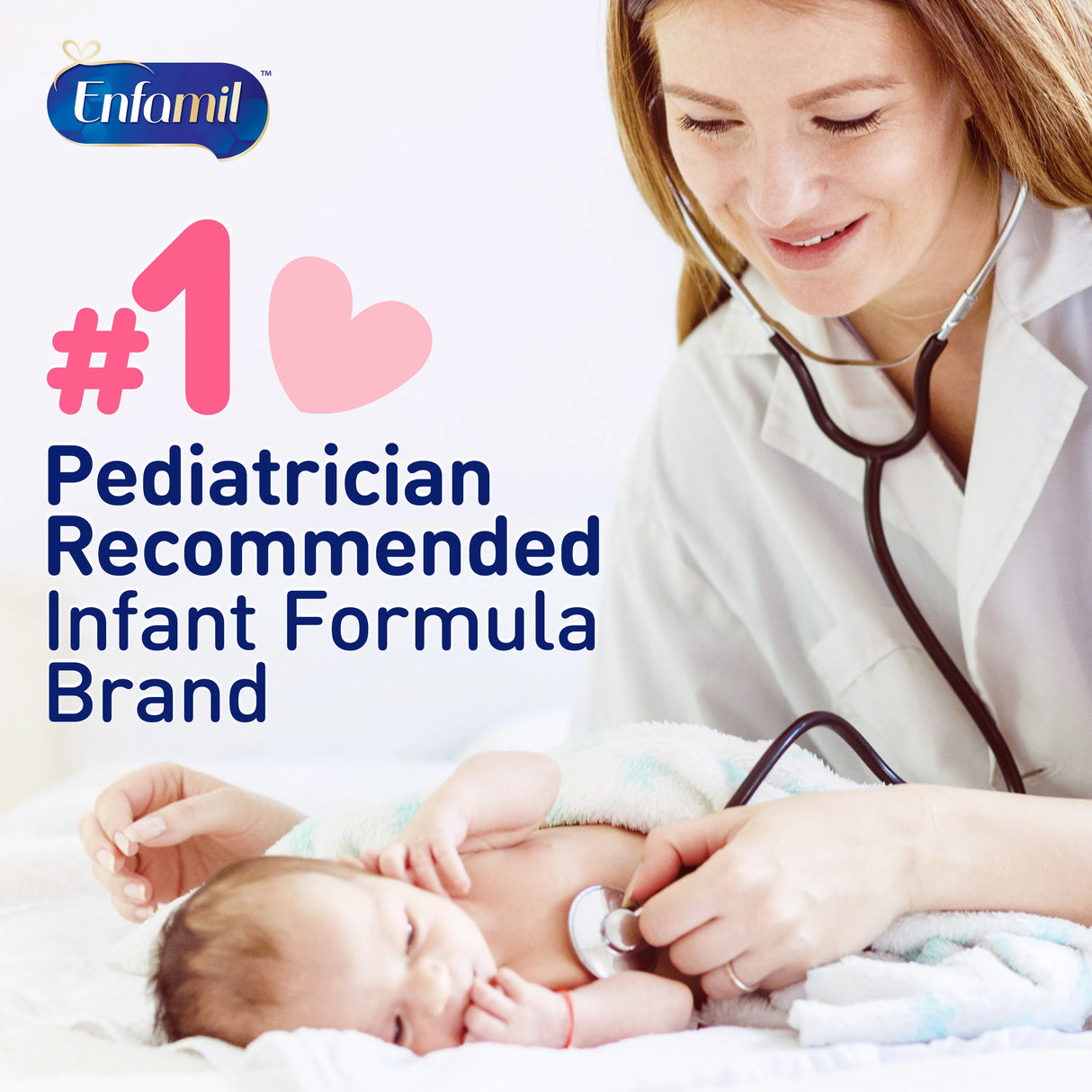 A pediatrician uses a stethoscope to check a smiling baby on a blanket. Text reads: “#1 Pediatrician Recommended Enfamil A.R. Infant Formula with Added Rice, Ready to Use, 2 oz Bottle.” Enfamil logo appears in the top left corner.
