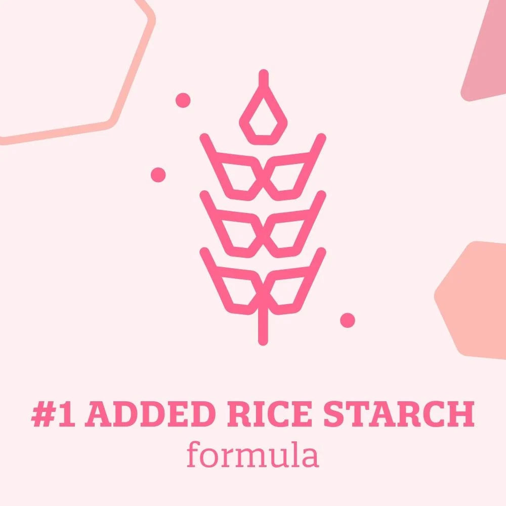 A simple pink graphic of a wheat stalk with #1 Added Rice Starch formula and Enfamil A.R. Infant Formula with Added Rice, Ready to Use, 2 oz Bottle by Enfamil written below on a light pink background—ready for your little one.