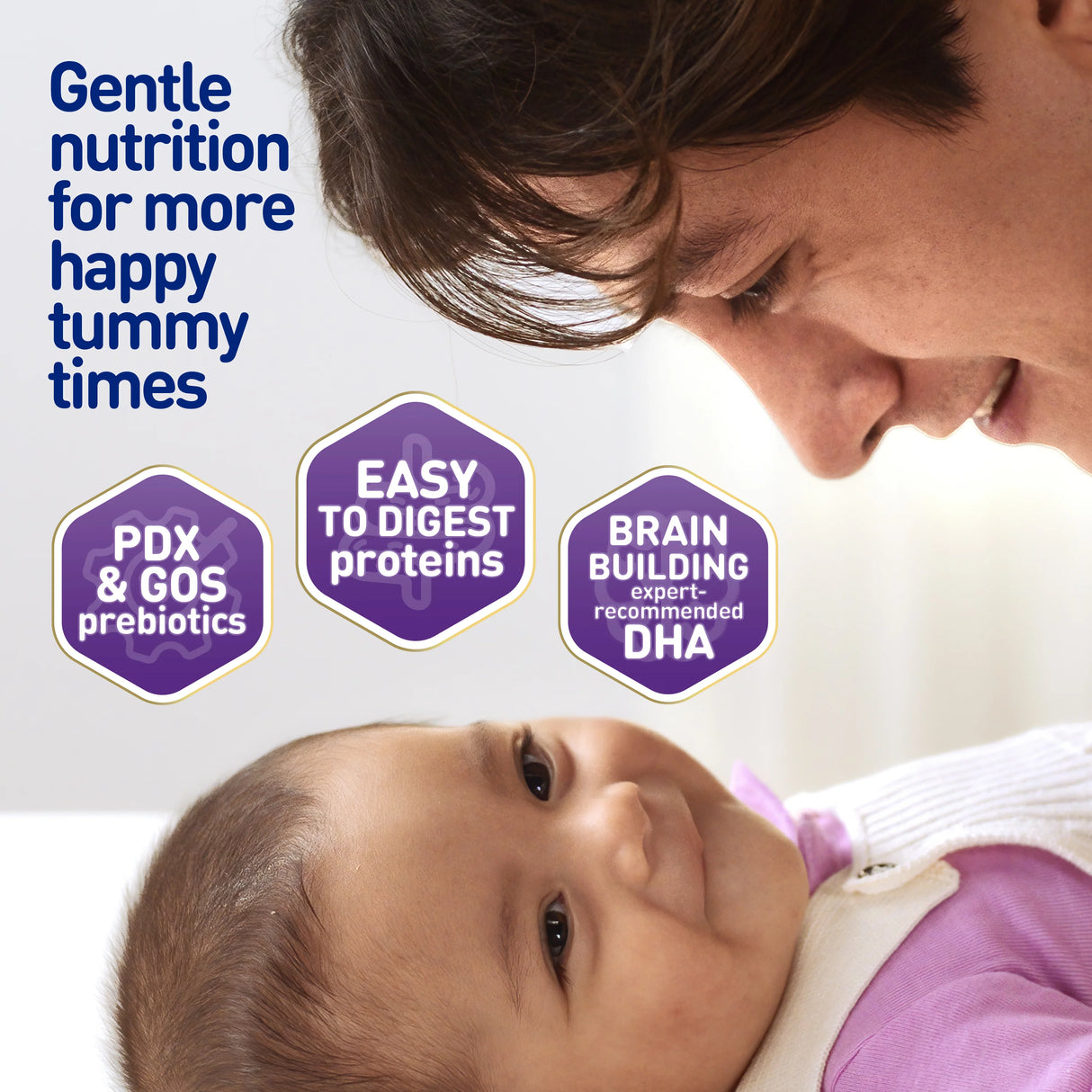 A smiling adult leans over a happy baby. Text highlights Enfamil NeuroPro Gentlease Infant Formula, Ready to Use, 2 oz Bottle: gentle nutrition for happy tummies, PDX & GOS prebiotics, easy-to-digest proteins, and brain-building DHA.
