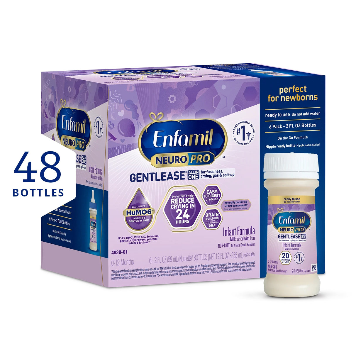 A box of Enfamil NeuroPro Gentlease Infant Formula, Ready to Use, 2 oz Bottles (48-pack) from Enfamil is shown. The packaging highlights reduced crying in 24 hours and easy digestion. A single 2 oz bottle stands next to the box.