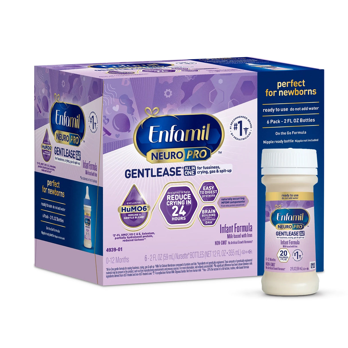 A box of Enfamil NeuroPro Gentlease Infant Formula, Ready to Use, 2 oz Bottle by Enfamil is shown with purple, yellow, and white packaging highlighting benefits like easing gas, fussiness, and crying.
