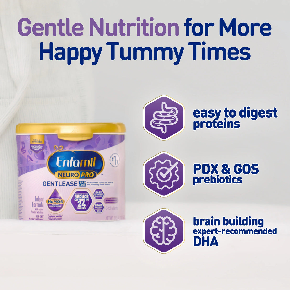 An Enfamil NeuroPro Gentlease Infant Formula, Ready to Use 2 oz Bottle is shown, with text highlighting its benefits: easy-to-digest proteins, PDX & GOS prebiotics, and expert-recommended DHA for brain development.