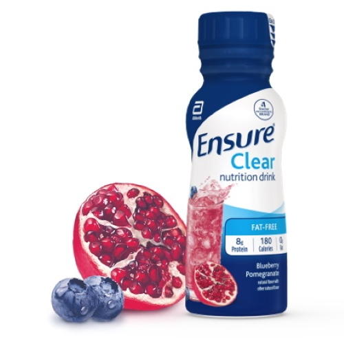 A 10 oz bottle of Abbott Nutrition’s Ensure Clear Nutrition Drink in Blueberry Pomegranate flavor stands beside a sliced pomegranate and blueberries, highlighting 8g protein, 180 calories, and a fat-free formula.
