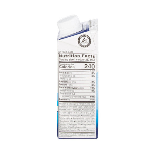 A close-up of a nutrition facts label on an Ensure Clear Therapeutic Nutrition Drink, Apple flavor, 8 oz carton from Abbott Nutrition shows calories and nutrients per serving. The blue and white carton is partly opened at the top.