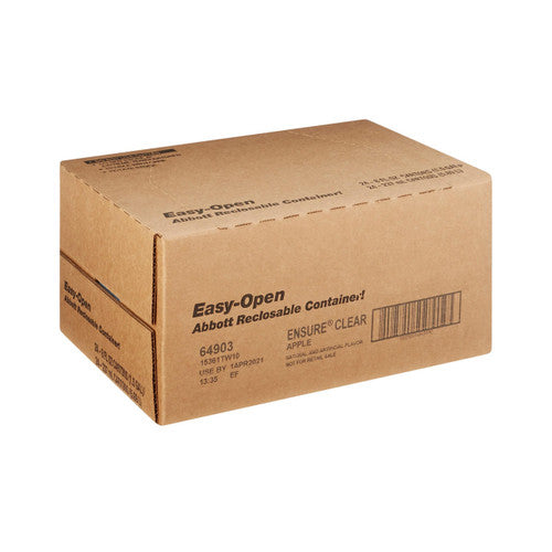 A plain brown shipping box labeled “Easy-Open Abbott Reclosable Container” with info and barcode appears against a white background; the sides detail Abbott Nutrition’s Ensure Clear Therapeutic Nutrition Drink, Apple, 8 oz Carton, CS/24.