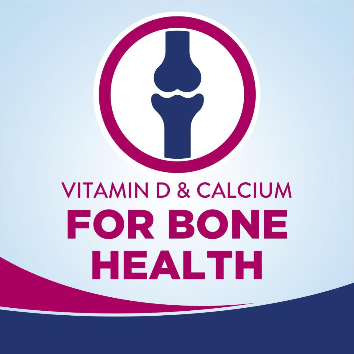 Graphic with a knee joint icon above text: Ensure Complete Nutrition Shake, Milk Chocolate, by Abbott Nutrition—vitamin D & calcium for bone health—on a blue gradient background with maroon and blue curved lines below.