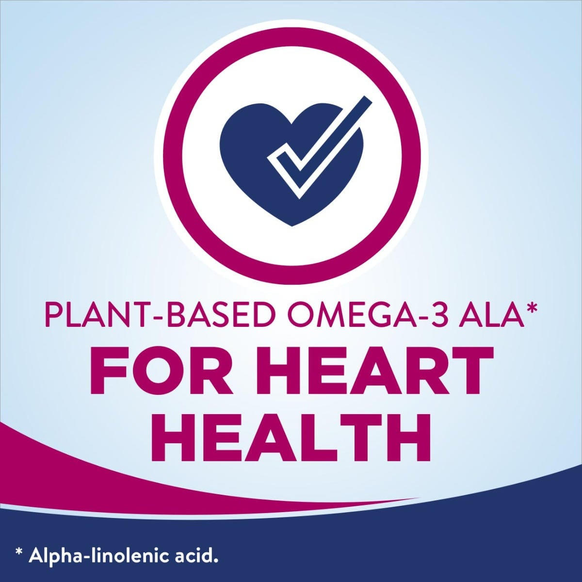 A heart and checkmark icon above “Plant-Based Omega-3 ALA* For Heart Health” features on a blue background with magenta accent. Highlights complete, balanced nutrition in Ensure Complete Nutrition Shake, Milk Chocolate by Abbott Nutrition. *Alpha-linolenic acid.