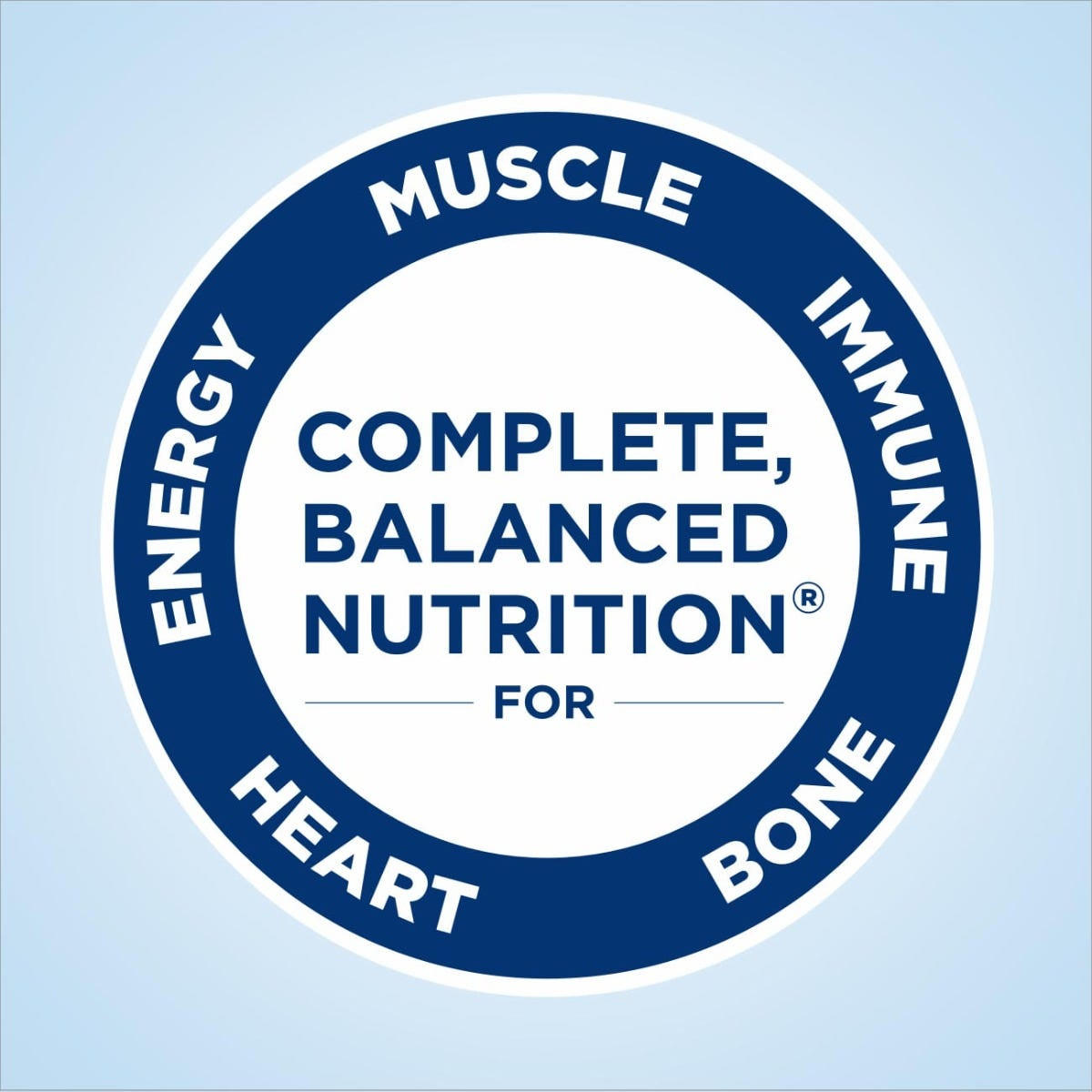 A circular graphic showcases Complete, Balanced Nutrition for Energy, Muscle, Immune Support, Bone, Heart around the ring in blue and white. A light blue background highlights Ensure Complete Nutrition Shake by Abbott Nutrition, Milk Chocolate, 8 oz (CS/16).