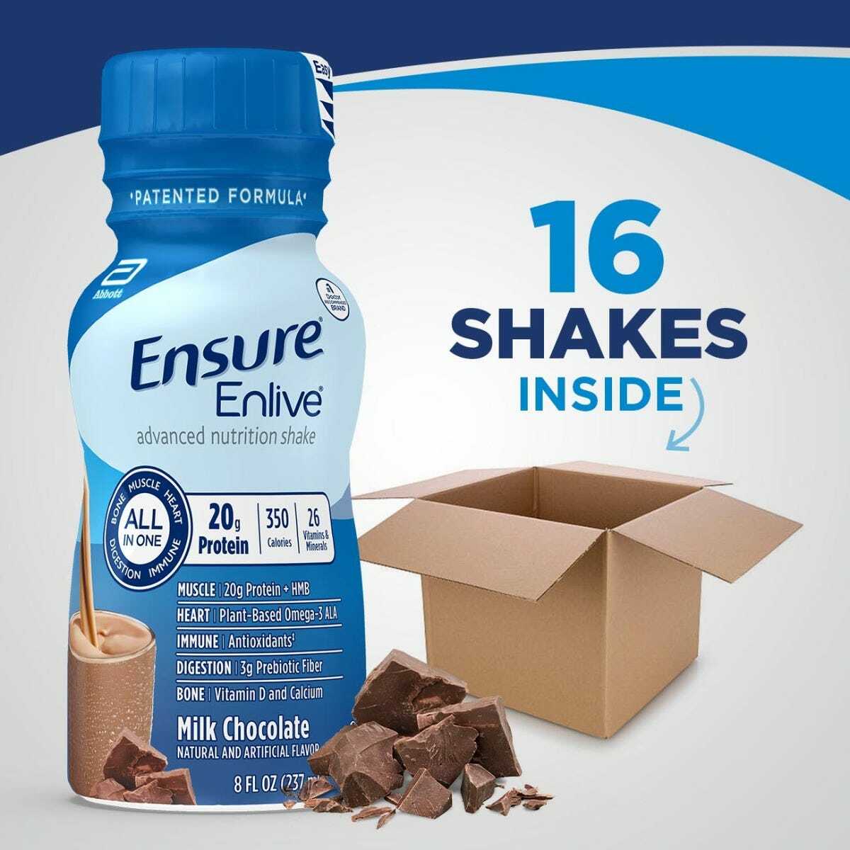 An 8 oz bottle of Abbott Nutrition Ensure Enlive Milk Chocolate sits beside an open box with chocolate pieces. The blue and white label states “24 shakes inside,” highlighting muscle health support.