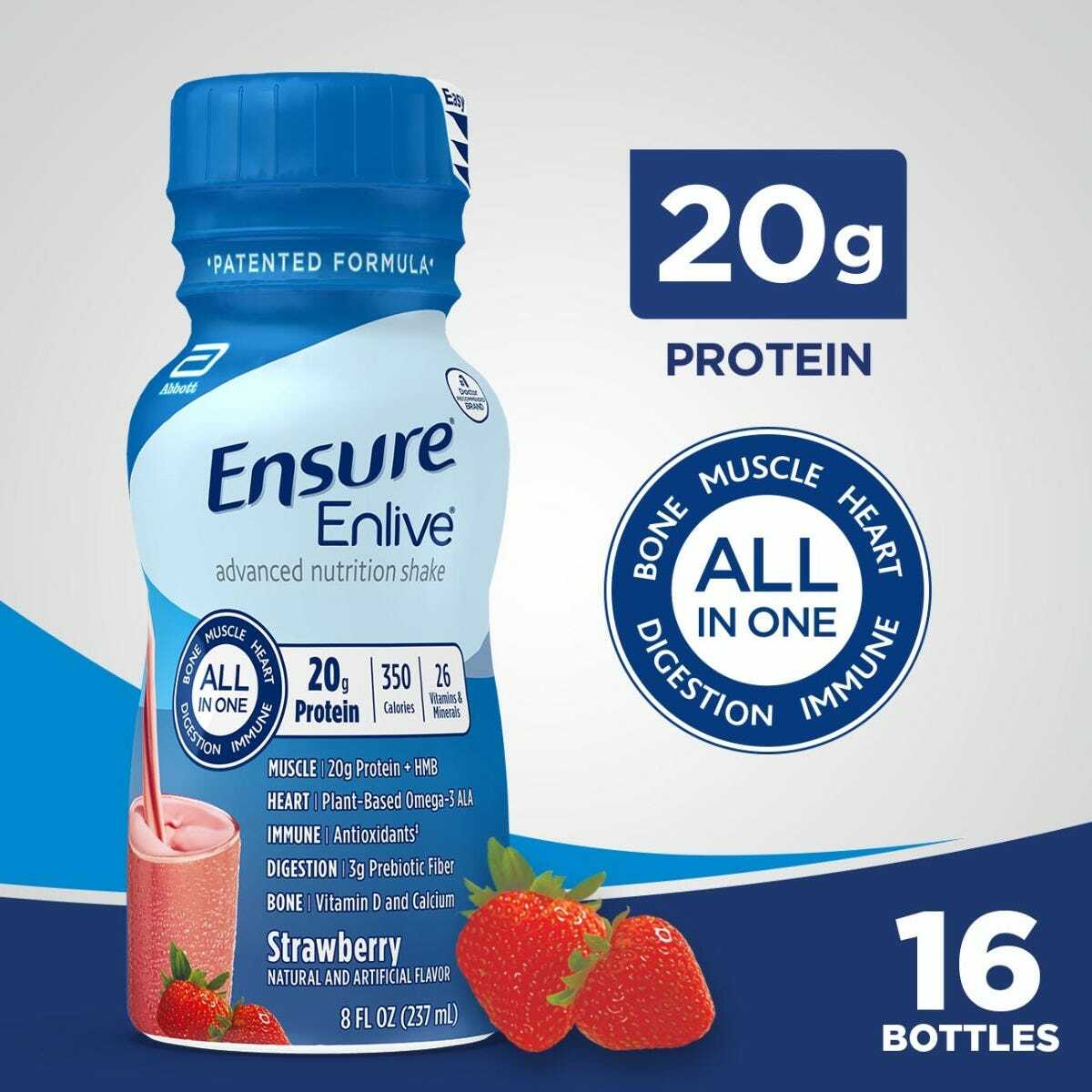 A bottle of Abbott Nutrition Ensure Enlive Strawberry, 8 oz, is pictured with text noting 20g protein per bottle, key muscle health benefits, and a case size of 24 bottles. Fresh strawberries sit beside the bottle.