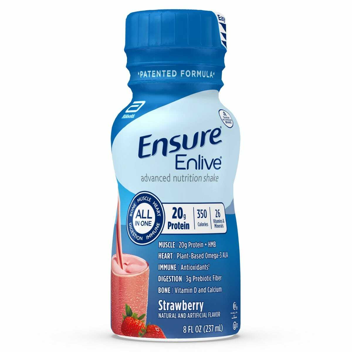 An 8 oz bottle of Abbott Nutritions Ensure Enlive Strawberry, labeled with 20g protein, 350 calories, and 26 vitamins & minerals, features a strawberry shake image—ideal for muscle health. Available in cases of 24 bottles.