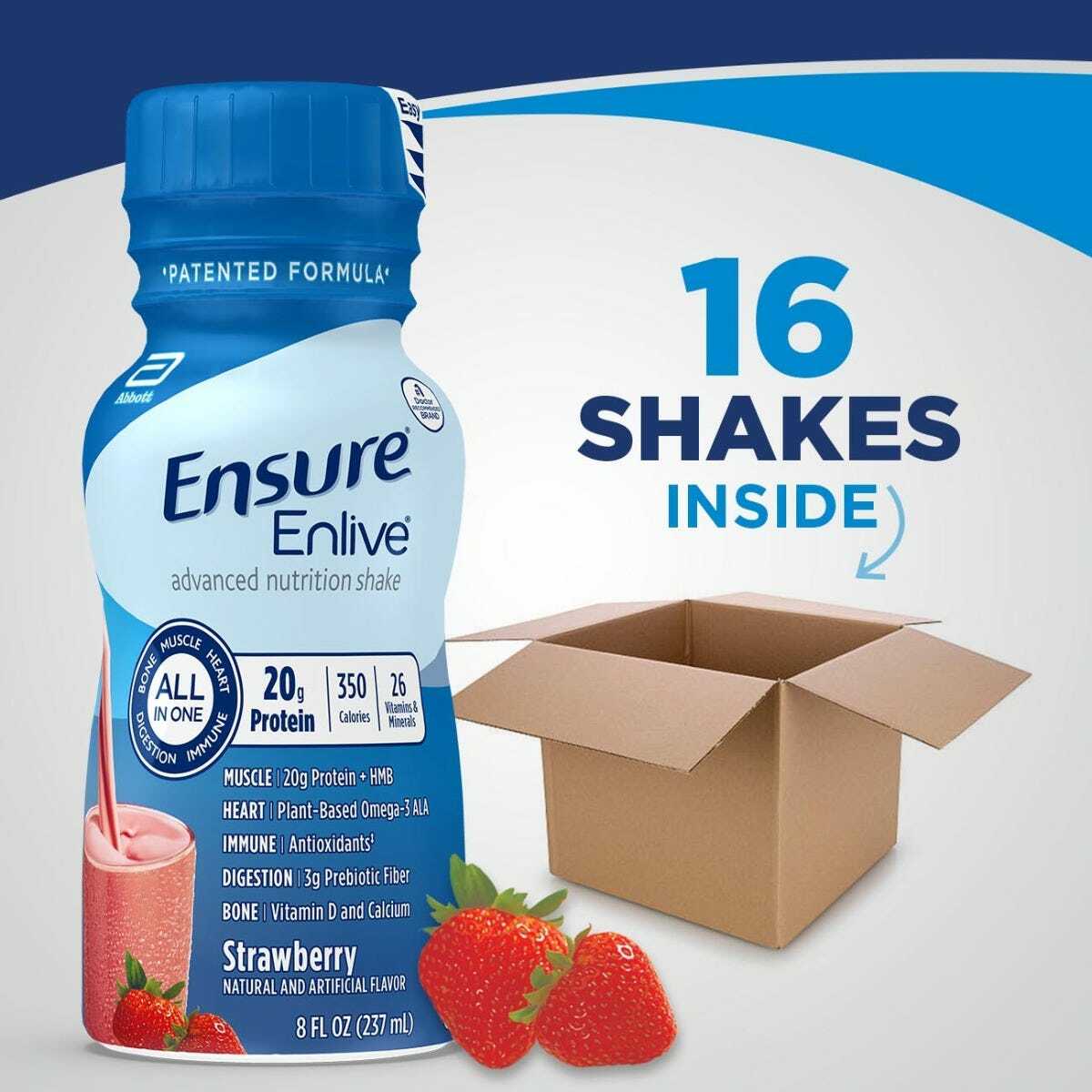 An 8 oz bottle of Abbott Nutrition’s Ensure Enlive Strawberry stands by an open box and strawberries. The package states “24 SHAKES INSIDE.” The label highlights support for muscle health and essential nutrition details.