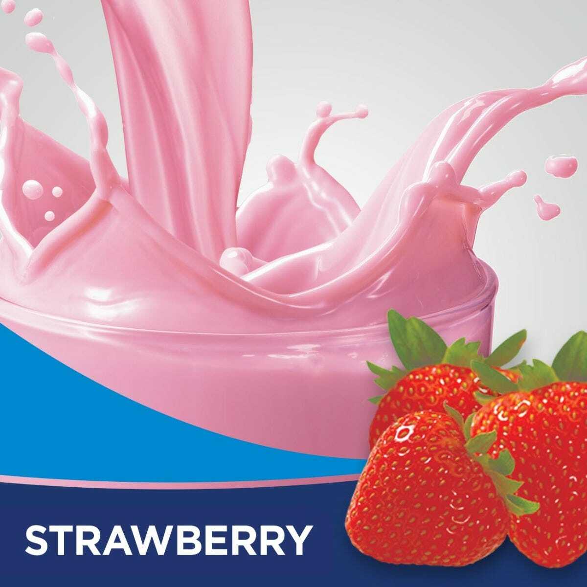 Abbott Nutrition Ensure Enlive Strawberry, 8 oz Bottle (CS/24): pink strawberry-flavored supplement splashing in a glass with fresh strawberries nearby—supports muscle health and nutrition.