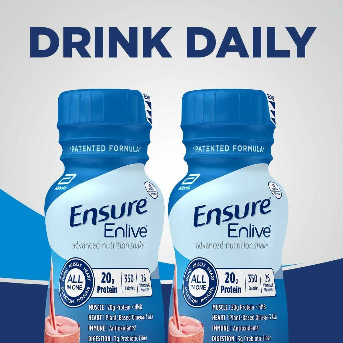 Two 8 oz bottles of Abbott Nutrition’s Ensure Enlive Strawberry are shown with pink liquid and blue caps. Text above says “DRINK DAILY.” Highlights: 20g protein, 350 calories, supports muscle health. Comes in a case of 24.