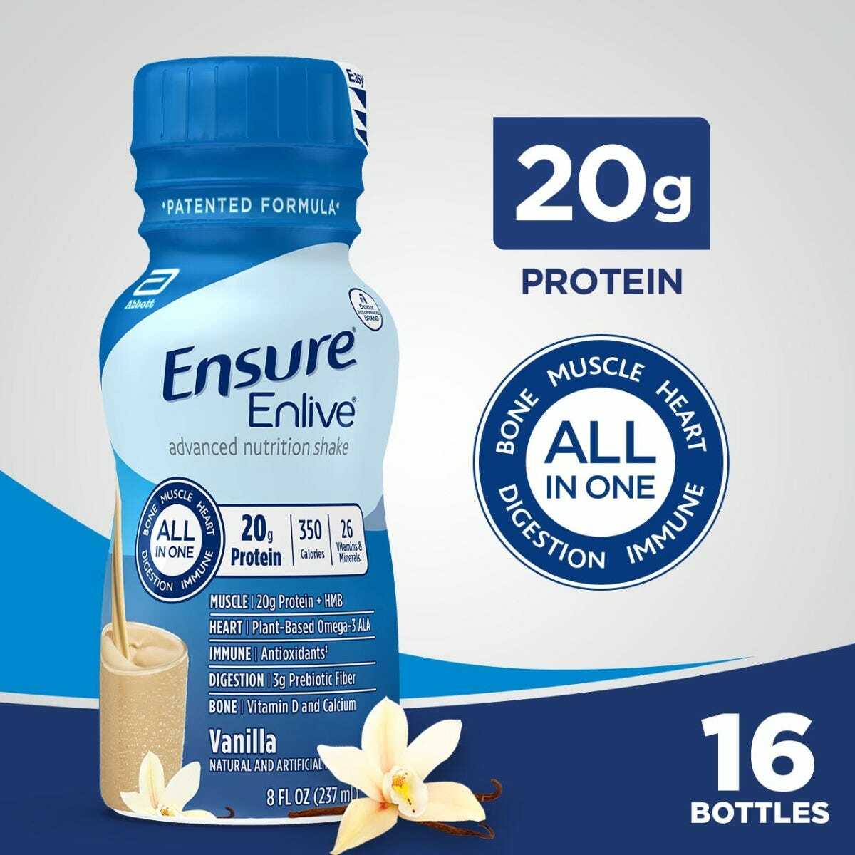 A case of 24 Abbott Nutrition Ensure Enlive Vanilla 8 oz bottles is shown, featuring 20g protein per bottle and benefits for bone, muscle, heart, digestion, and immune health. Vanilla flower and bean are displayed on the packaging.