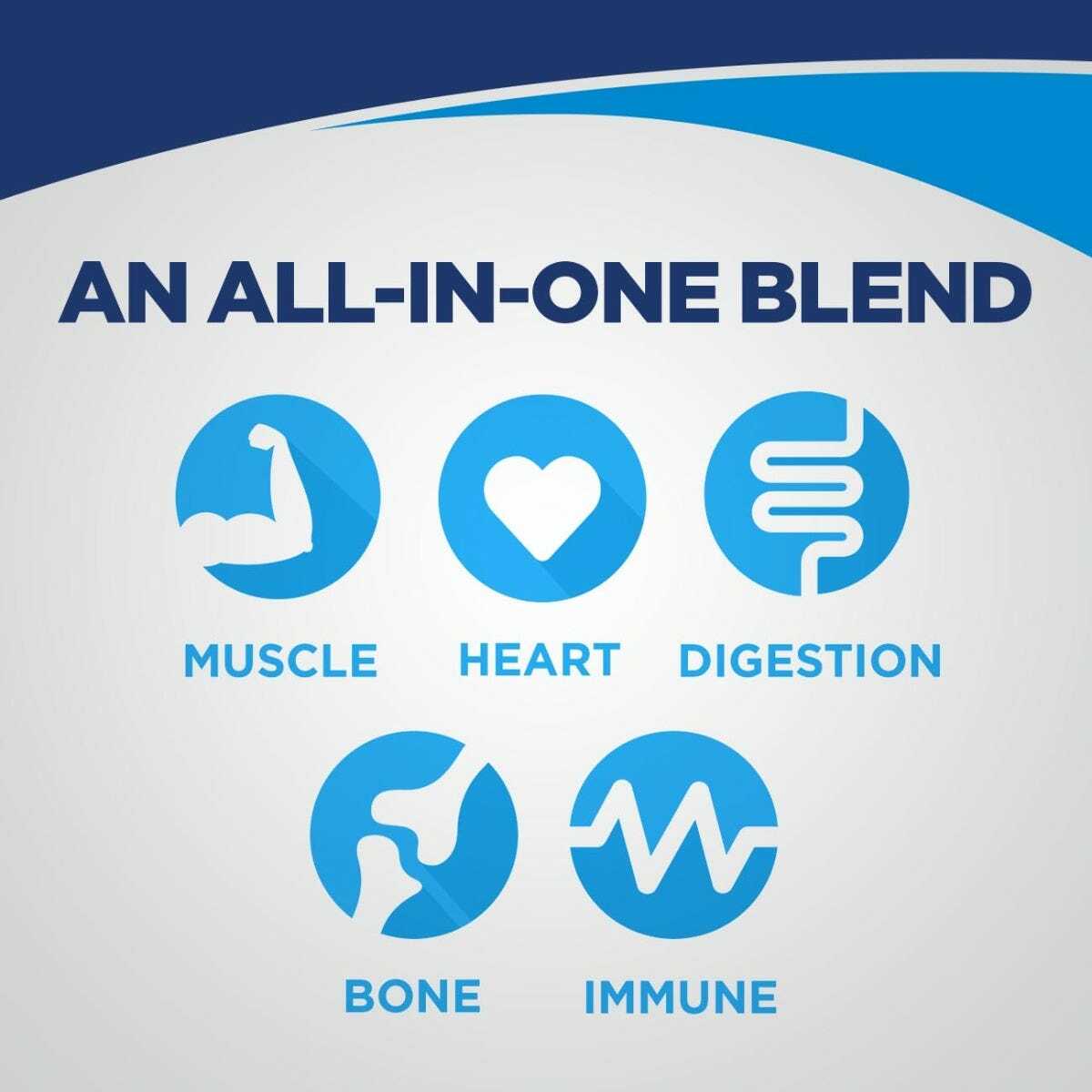 A graphic titled “An All-In-One Blend” highlights how Abbott Nutrition Ensure Enlive Vanilla, 8 oz Bottle (CS/24), supports muscle, heart, digestion, bone, and immune health as a complete nutritional supplement.