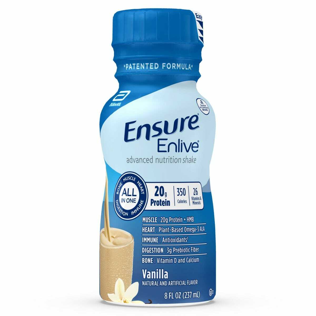 Abbott Nutrition Ensure Enlive Vanilla, 8 oz Bottle (CS/24), provides 20g protein, 350 calories, and 26 vitamins and minerals per serving, supporting muscle, heart, immune system, digestive, and bone health.