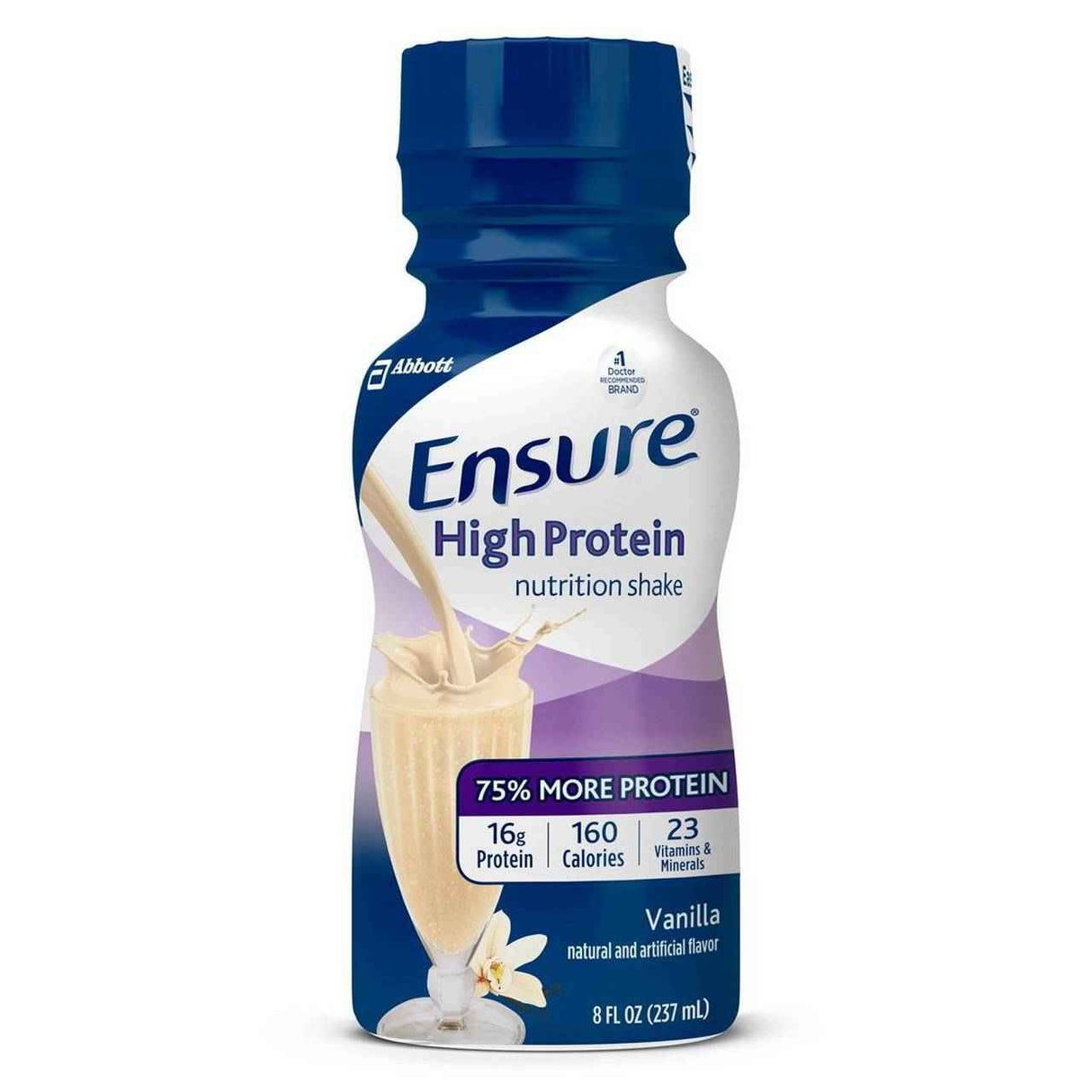 The Ensure High Protein Nutritional Shake by Abbott Nutrition, Vanilla flavor, comes in an 8 oz bottle and provides 16g protein, 160 calories, and 23 vitamins & minerals—delivering 75% more protein as a low-fat nutrition supplement. Box contains 24 bottles.