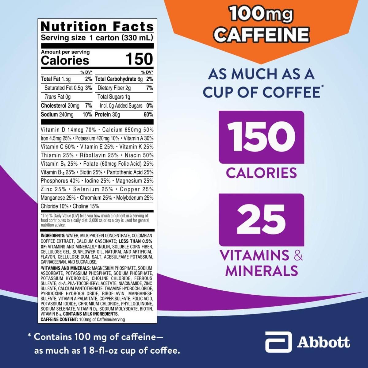 Nutrition facts label for Ensure Max Protein Cafe Mocha, 11 oz by Abbott Nutrition: 150 calories per carton, 25 vitamins & minerals, and 100mg caffeine (like a cup of coffee). Purple/blue background, Abbott logo. Supports immune health.