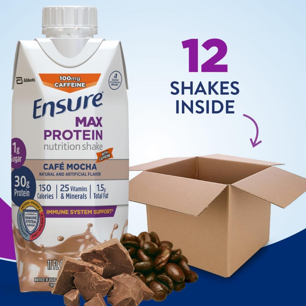 A carton of Abbott Nutrition’s Ensure Max Protein Cafe Mocha (11 oz, CS/12) is shown beside coffee beans and chocolate. The packaging displays nutrition facts and immune health info, with 12 shakes inside noted above.