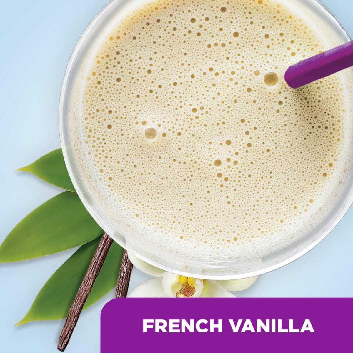 Enjoy a glass of Abbott Nutrition’s Ensure Max Protein French Vanilla, 11 oz carton—served with a purple straw and surrounded by vanilla beans and flowers. Perfect for immune health. Available in cases of 12.