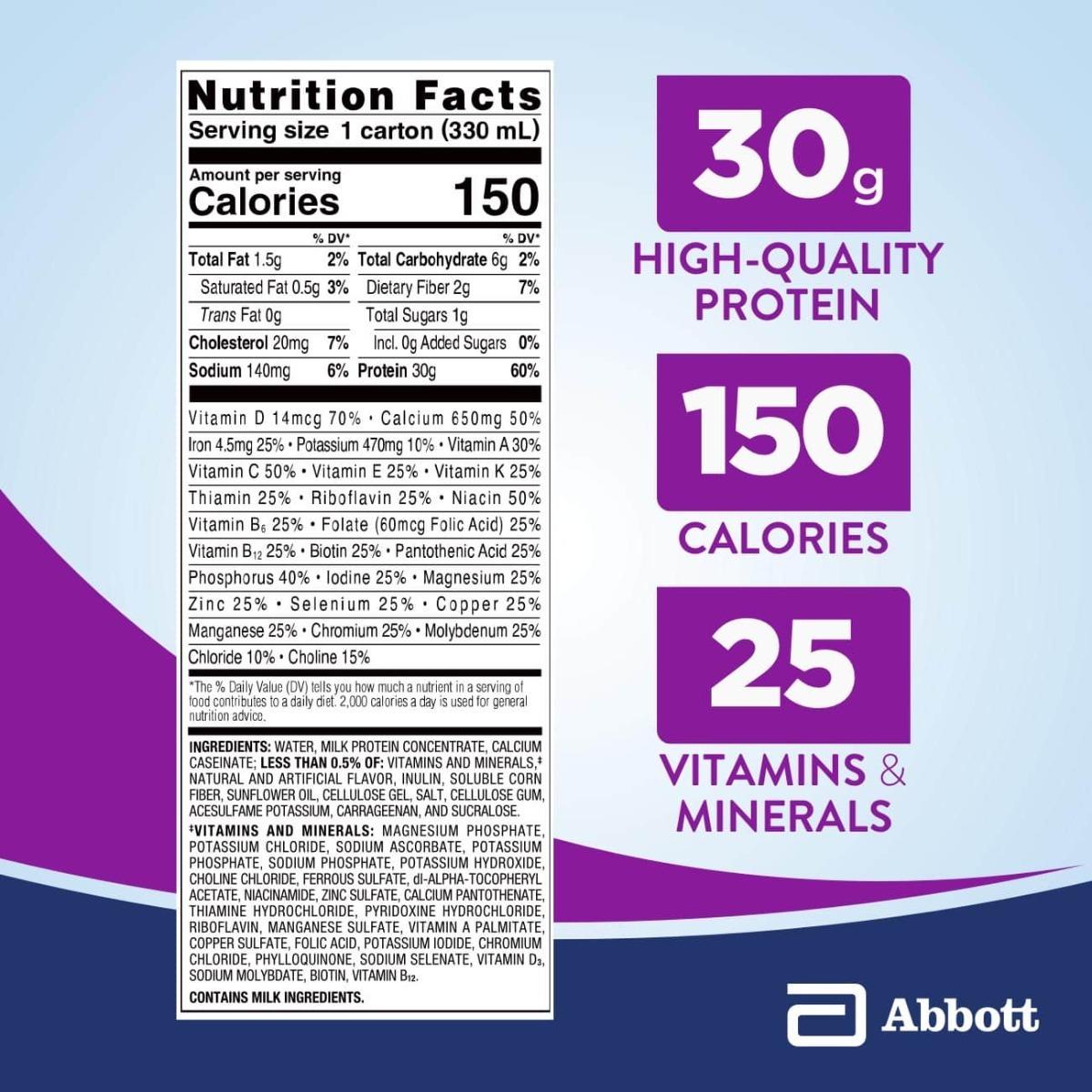 Ensure Max Protein French Vanilla, 11 oz carton by Abbott Nutrition: 150 calories, 30g protein, and 25 vitamins and minerals per serving plus immune health support. Abbott logo featured; key benefits in large text.