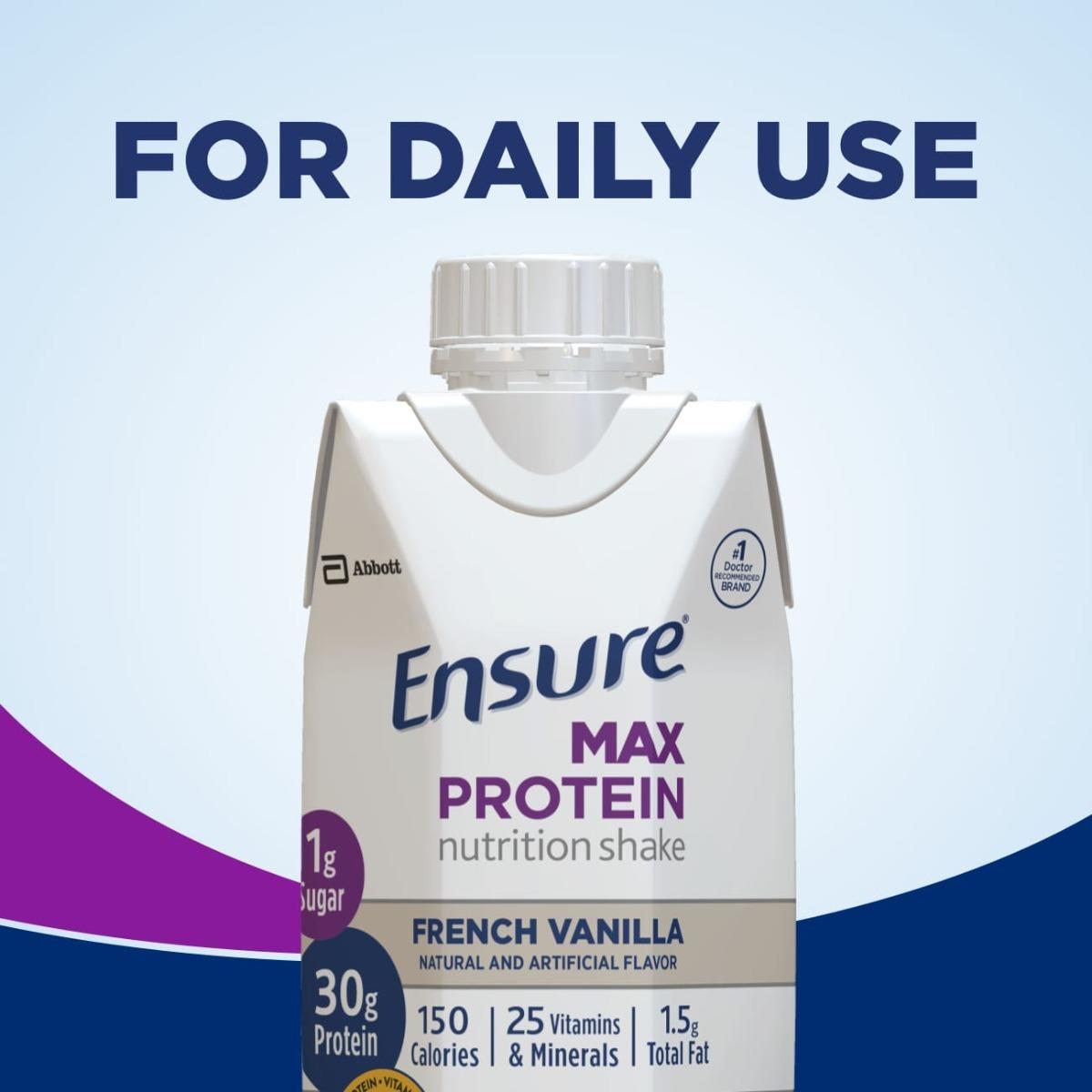 The Ensure Max Protein French Vanilla 11 oz Carton by Abbott Nutrition features 30g protein, 1g sugar, 150 calories, 25 vitamins & minerals, immune support, and is labeled For Daily Use. Available in a CS/12 pack.