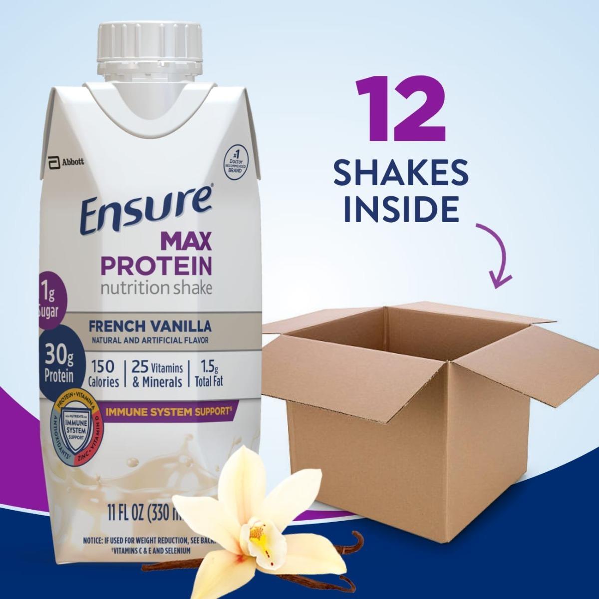 An 11 oz carton of Abbott Nutrition’s Ensure Max Protein French Vanilla is shown by an open box. The text says “12 shakes inside,” with a vanilla flower below, and highlights immune health support.