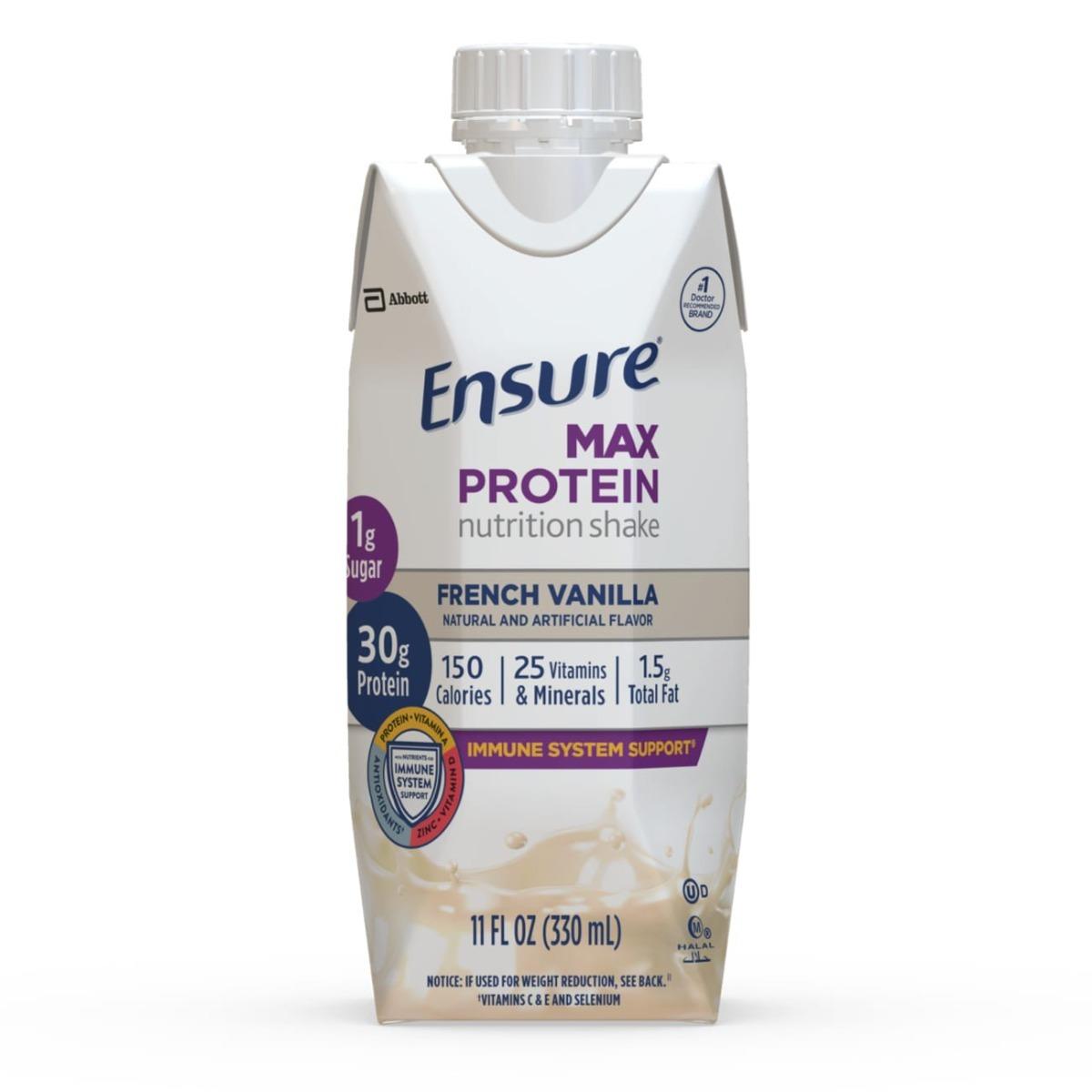 The Ensure Max Protein French Vanilla 11 oz carton by Abbott Nutrition offers 30g protein, 1g sugar, 150 calories, 25 vitamins & minerals, and immune support. Available in a case of 12.