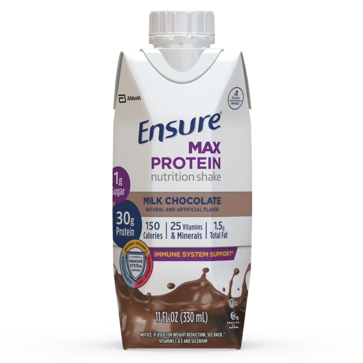 The Abbott Nutrition Ensure Max Protein Milk Chocolate 11 oz Carton (CS/12) offers 30g protein, 1g sugar, immune health support, 150 calories, and 25 vitamins & minerals. The white and brown carton features a splash of chocolate design.