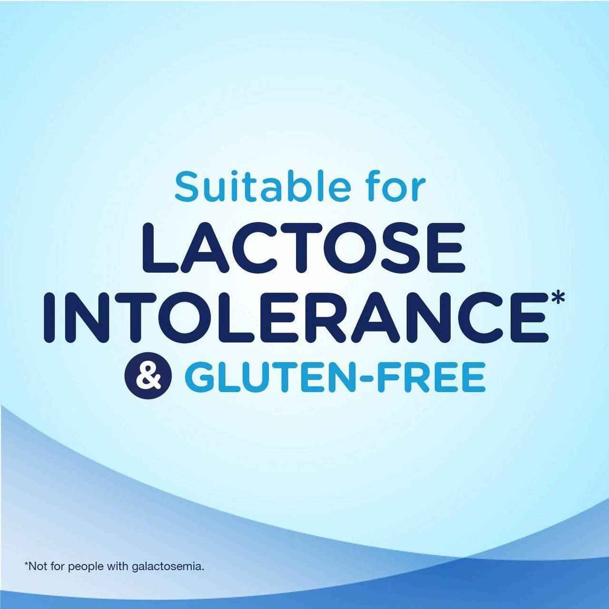 Text on a blue gradient reads: Suitable for lactose intolerance* & gluten-free. Ensure Original Nutritional Shake, Milk Chocolate, 8 oz by Abbott Nutrition provides complete, balanced nutrition. *Not for people with galactosemia.